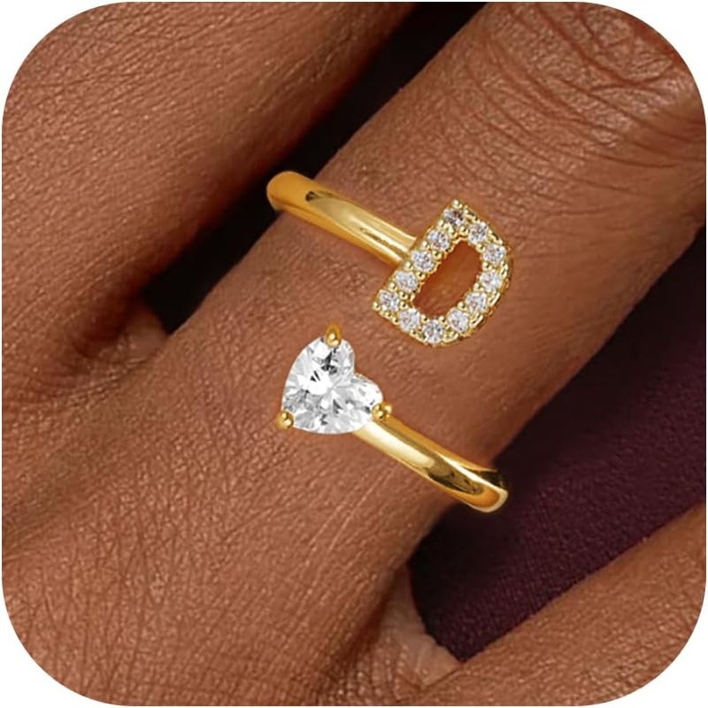 Treasure Bender Valentines Day Gifts Initial Gold Rings for Girls Women - Dainty 14K Gold Plated Adjustable Letter A-Z Rings Teen Girls Gifts Trendy Stuff Heart CZ Initial Ring Teens Birthday Gift - Image 1